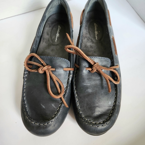 Eddie Bauer Womens Navy Leather Loafers with Brown Ties Sz 10 - Picture 7 of 8